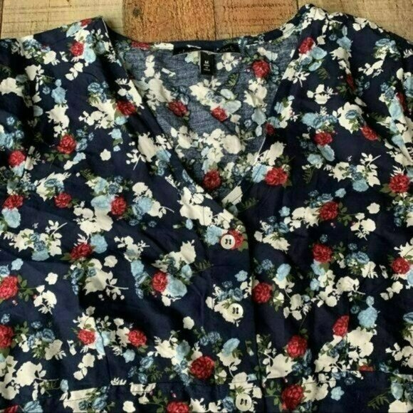 Derek Heart Floral Print Tie Short Sleeve Button-Front Navy Dress Adjustable - Picture 8 of 9